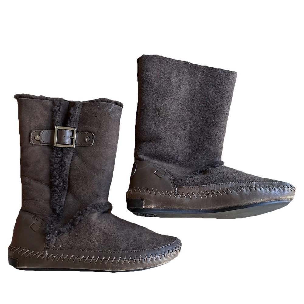 TORY BURCH Sheepskin Shearling Brwn Suede Leather Ugg Boots Mid Calf Winter SZ 7